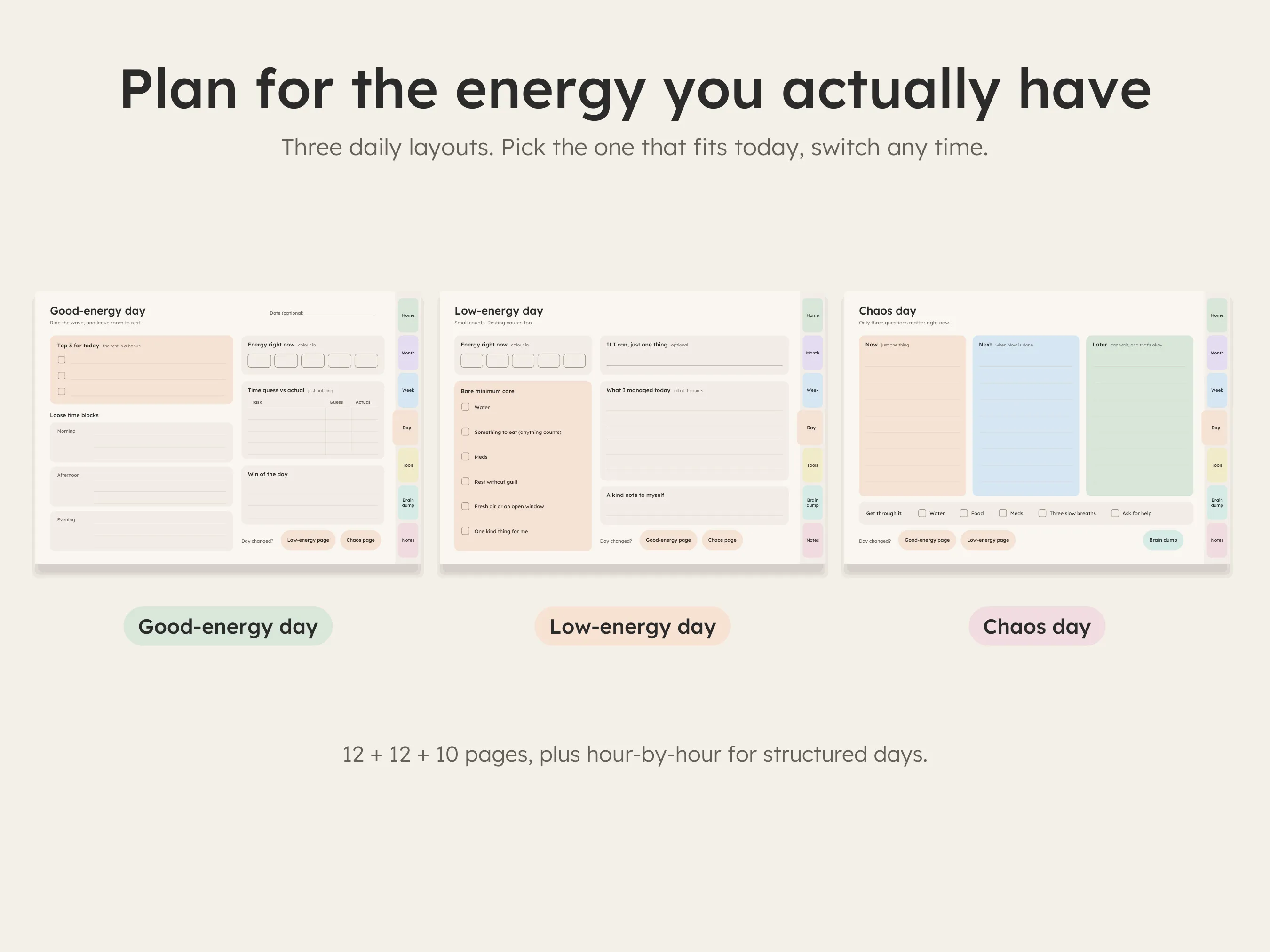 Good-energy, low-energy and chaos day planner pages side by side